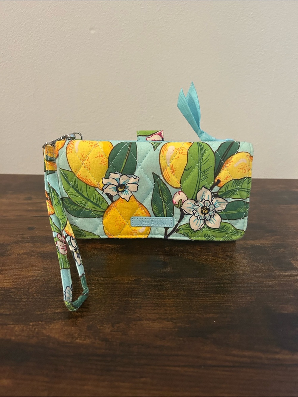 Vera Bradley Lemon Floral Quilted Wristlet in Aqua and Yellow